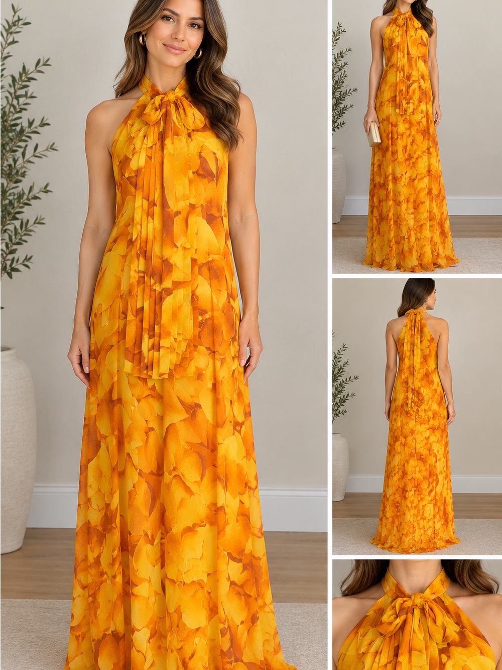 New York & Company Golden Floral Halter Maxi Dress